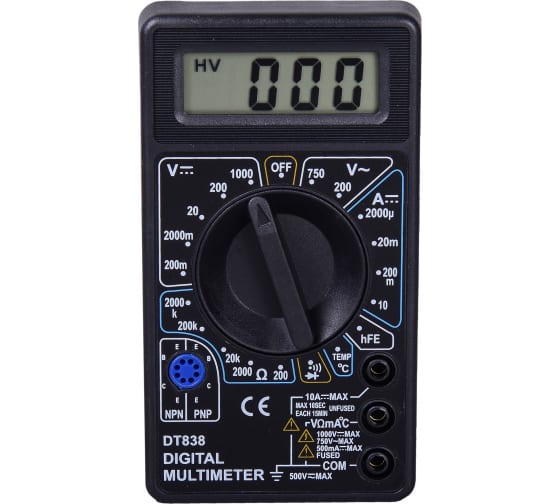 Мультиметр цифровой 0,2-1000В, 200-750В, 10А, 0-2 МОм, подсветка дисплея Ресанта DT 838 Мультиметр цифровой 0,2-1000В, 200-750В, 10А, 0-2 МОм, подсветка дисплея Ресанта DT 838