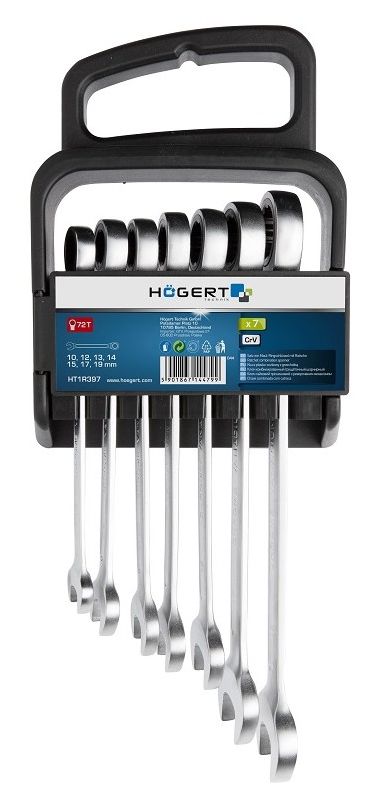 Набор ключей комбинированных трещоточных 10-19 мм 72 зуба (7 шт) на пластиковом держателе HOEGERT Набор ключей комбинированных трещоточных 10-19 мм 72 зуба (7 шт) на пластиковом держателе HOEGERT