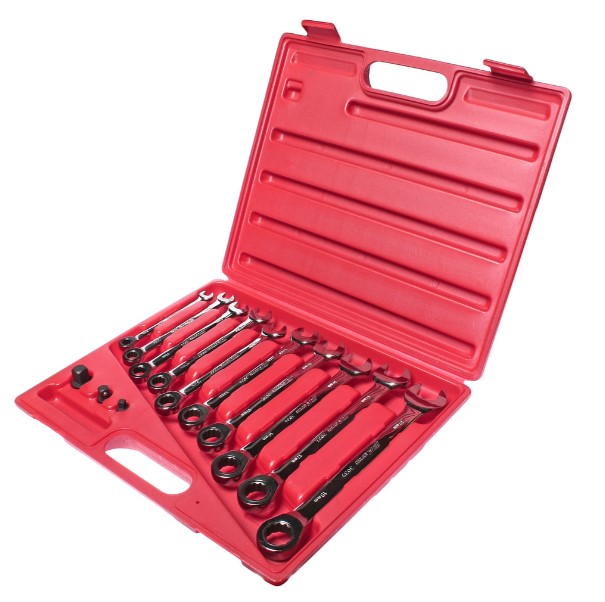 Набор ключей комбинированных трещоточных 8-19 мм + 3 адаптера (13 пр) в кейсе JTC Набор ключей комбинированных трещоточных 8-19 мм + 3 адаптера (13 пр) в кейсе JTC