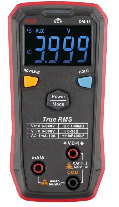 Мультиметр цифровой 0-600В, 0-600В, 10А, 400 Ом - 40 МОм RGK DM-15 Мультиметр цифровой 0-600В, 0-600В, 10А, 400 Ом - 40 МОм RGK DM-15