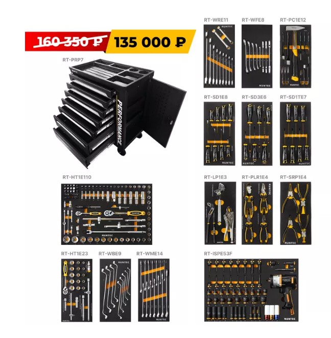 Тележка инструментальная 7 полок, 273 предм, пласт. столешница, дверца RUNTEC Performance Тележка инструментальная 7 полок, 273 предм, пласт. столешница, дверца RUNTEC Performance