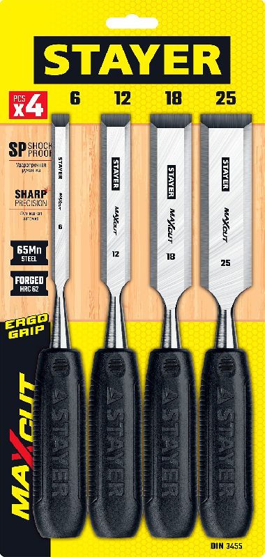 Набор стамесок 4 шт (6,12,18,25 мм) с пласт. ручкой STAYER Max-Cut Набор стамесок 4 шт (6,12,18,25 мм) с пласт. ручкой STAYER Max-Cut