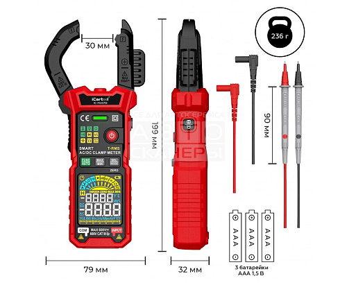 Клещи токоизмерительные 600A, 600В, 60 МОм, 30 мм, постоянный/переменный ток, смарт TrueRM iCarTool Клещи токоизмерительные 600A, 600В, 60 МОм, 30 мм, постоянный/переменный ток, смарт TrueRM iCarTool
