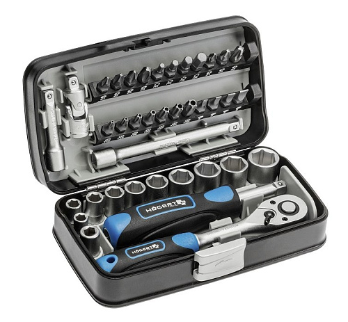 Набор головок торцевых 5,5-14 мм (1/4") бит и аксессуаров 38 предм. HOEGERT Набор головок торцевых 5,5-14 мм (1/4") бит и аксессуаров 38 предм. HOEGERT