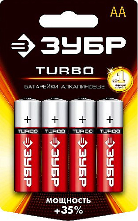 Батарейка щелочная (алкалиновая), "AA", 1,5 В, 4 шт ЗУБР Turbo Батарейка щелочная (алкалиновая), "AA", 1,5 В, 4 шт ЗУБР Turbo