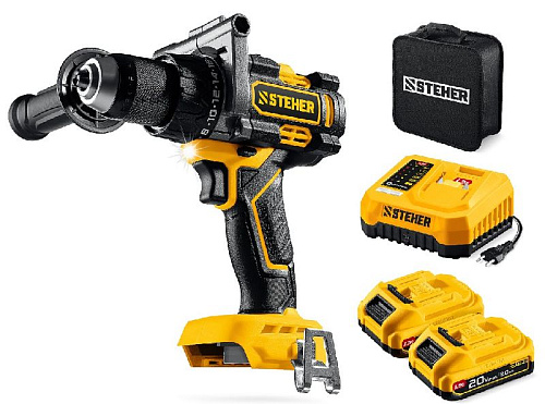 Дрель-шуруповерт аккумуляторная 20 В,165 Нм, 2*2 Ач LMS бесщеточный двиг. STEHER Дрель-шуруповерт аккумуляторная 20 В,165 Нм, 2*2 Ач LMS бесщеточный двиг. STEHER