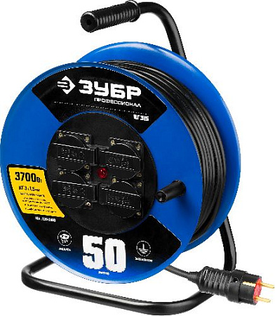 Удлинитель на катушке КГ 50 м, 4 гнезда, 3*1,5 кв.мм, 3700 Вт, IP44 ЗУБР Профессионал КГ-315 Удлинитель на катушке КГ 50 м, 4 гнезда, 3*1,5 кв.мм, 3700 Вт, IP44 ЗУБР Профессионал КГ-315