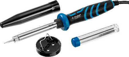 Паяльник 220 В/ 40 Вт с керамическим нагревателем, конус, припой и подставка в наборе ЗУБР Паяльник 220 В/ 40 Вт с керамическим нагревателем, конус, припой и подставка в наборе ЗУБР