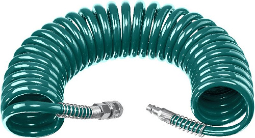 Шланг спиральный воздушный 10 м (8*12 мм) полиуретан, 15 бар, с фитингами рапид KRAFTOOL Шланг спиральный воздушный 10 м (8*12 мм) полиуретан, 15 бар, с фитингами рапид KRAFTOOL