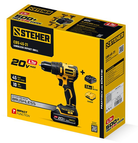 Дрель-шуруповерт аккумуляторная ударная 20 В, 45 Нм, 1*2 Ач LMS бесщеточный двиг. STEHER Дрель-шуруповерт аккумуляторная ударная 20 В, 45 Нм, 1*2 Ач LMS бесщеточный двиг. STEHER