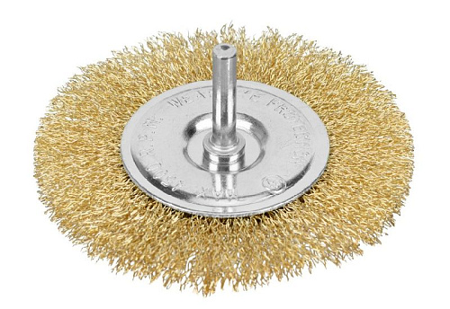 Щетка дисковая 100 мм для дрели, плоская со шпилькой, латунированная Matrix Щетка дисковая 100 мм для дрели, плоская со шпилькой, латунированная Matrix