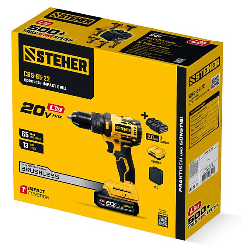 Дрель-шуруповерт аккумуляторная ударная 20 В, 65 Нм, 2*2 Ач LMS бесщеточный двиг. STEHER Дрель-шуруповерт аккумуляторная ударная 20 В, 65 Нм, 2*2 Ач LMS бесщеточный двиг. STEHER