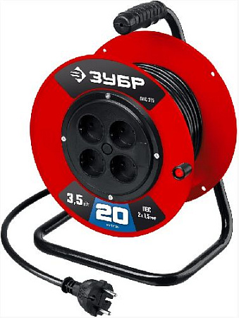 Удлинитель на катушке ПВС 20 м, 4 гнезда, 2*0,75 кв.мм, 2200 Вт ЗУБР ПВС-207 Удлинитель на катушке ПВС 20 м, 4 гнезда, 2*0,75 кв.мм, 2200 Вт ЗУБР ПВС-207