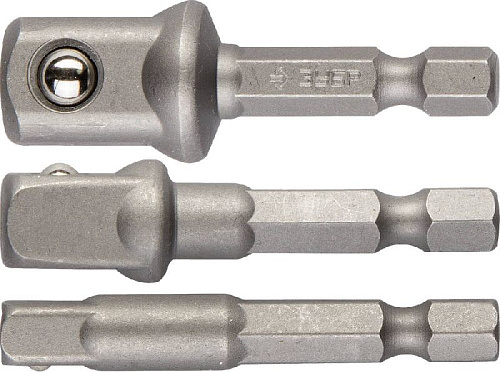 Набор адаптеров с Е 1/4" на квадрат 1/2", 3/8", 1/4" ЗУБР Набор адаптеров с Е 1/4" на квадрат 1/2", 3/8", 1/4" ЗУБР