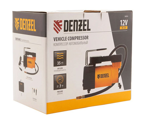 Компрессор автомобильный 7 атм, 35 л/мин, 3 насадки Denzel DС-20 Компрессор автомобильный 7 атм, 35 л/мин, 3 насадки Denzel DС-20