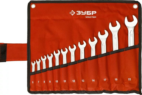 Набор ключей комбинированных 6-22 мм (12 шт.) в сумке-скрутке ЗУБР Профессионал Набор ключей комбинированных 6-22 мм (12 шт.) в сумке-скрутке ЗУБР Профессионал