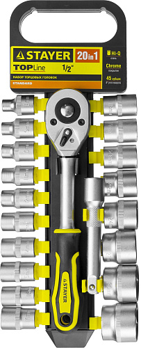 Набор головок торцевых 8-32 мм (1/2") 6-гр., 20 предм. на пластиковом держателе STAYER "STANDARD" Набор головок торцевых 8-32 мм (1/2") 6-гр., 20 предм. на пластиковом держателе STAYER "STANDARD"