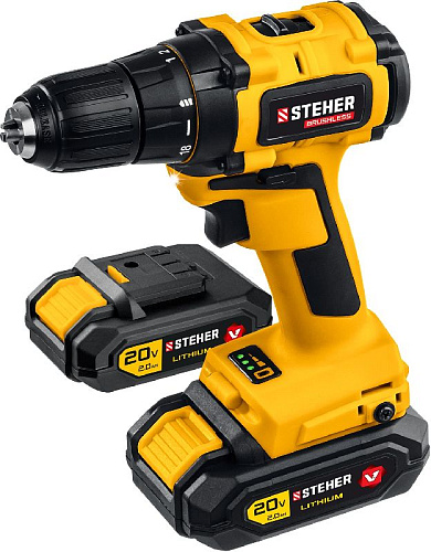 Дрель-шуруповерт аккумуляторная 20 В, 45 Нм, 2*2 Ач, бесщеточный двиг. в кейсе STEHER Дрель-шуруповерт аккумуляторная 20 В, 45 Нм, 2*2 Ач, бесщеточный двиг. в кейсе STEHER