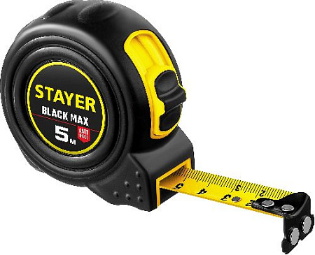Рулетка 5 м*19 мм обрезиненный корпус, два фиксатора, магнитный крюк STAYER BlackMax Рулетка 5 м*19 мм обрезиненный корпус, два фиксатора, магнитный крюк STAYER BlackMax