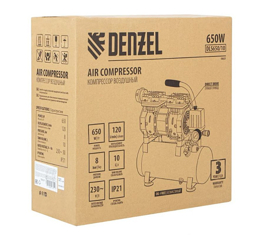 Компрессор безмасляный 10 л, 0,65 кВт, 120 л/мин, 8 бар, 230 В, малошумный Denzel DLS650/10 Компрессор безмасляный 10 л, 0,65 кВт, 120 л/мин, 8 бар, 230 В, малошумный Denzel DLS650/10