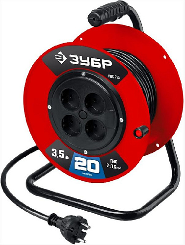 Удлинитель на катушке ПВС 20 м, 4 гнезда, 3*1,5 кв.мм, 3500 Вт ЗУБР Мастер ПВС-215 Удлинитель на катушке ПВС 20 м, 4 гнезда, 3*1,5 кв.мм, 3500 Вт ЗУБР Мастер ПВС-215