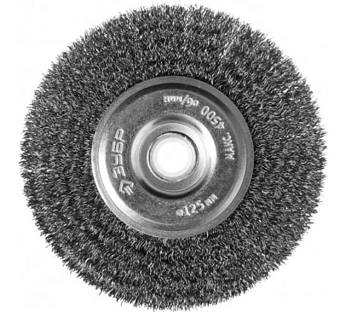 Щетка дисковая 125 мм/12,7 мм для для точильно-шлиф. станка, витая стальная проволока 0,3 мм ЗУБР Щетка дисковая 125 мм/12,7 мм для для точильно-шлиф. станка, витая стальная проволока 0,3 мм ЗУБР