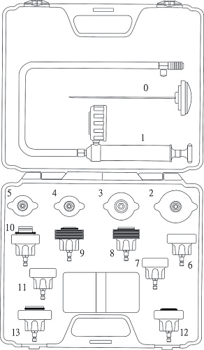 Набор для тестирования герметичности системы охлаждения (в кейсе) 14 предм JTC Набор для тестирования герметичности системы охлаждения (в кейсе) 14 предм JTC