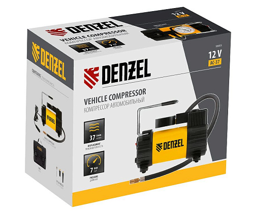 Компрессор автомобильный 7 атм, 37 л/мин, 3 насадки Denzel AC-37 Компрессор автомобильный 7 атм, 37 л/мин, 3 насадки Denzel AC-37