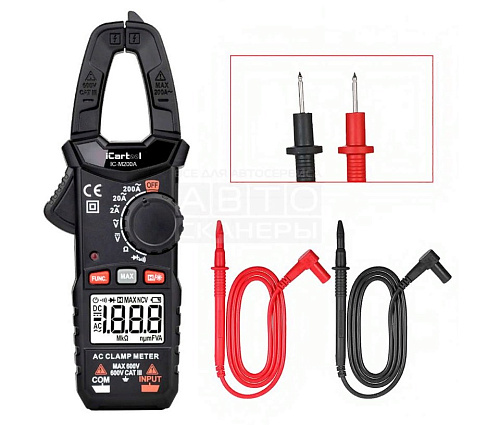 Клещи токоизмерительные 200A, 600В, 0.02 МОм, 23 мм, переменный ток iCarTool Клещи токоизмерительные 200A, 600В, 0.02 МОм, 23 мм, переменный ток iCarTool