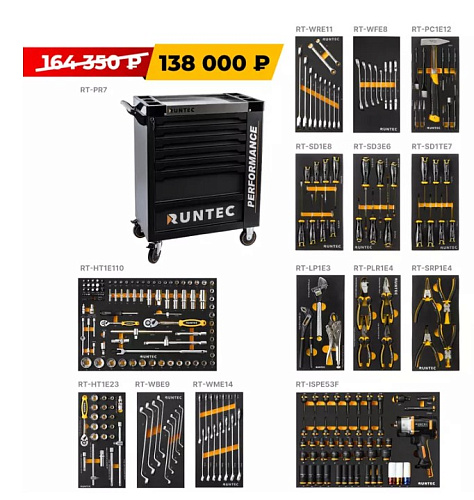Тележка инструментальная 7 полок, 273 предм, стальная столешница, дверца RUNTEC Performance Тележка инструментальная 7 полок, 273 предм, стальная столешница, дверца RUNTEC Performance