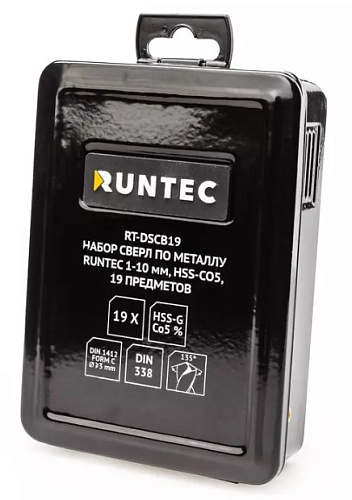 Набор сверл по металлу 1-10 мм (19 шт.) HSS-Co5 RUNTEC Набор сверл по металлу 1-10 мм (19 шт.) HSS-Co5 RUNTEC