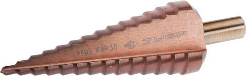 Сверло ступенчатое 4-30 мм, 14 ступеней Р6М5 с кобальтовым покрытием ЗУБР Сверло ступенчатое 4-30 мм, 14 ступеней Р6М5 с кобальтовым покрытием ЗУБР