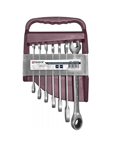 Набор ключей комбинированных трещоточных 8-19 мм (7 шт) на пластиковом держателе Thorvik CRWS7PR Набор ключей комбинированных трещоточных 8-19 мм (7 шт) на пластиковом держателе Thorvik CRWS7PR