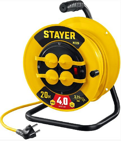 Удлинитель на катушке ПВС 20 м, 4 гнезда, 3*2,5 кв.мм, 4000 Вт, IP44 STAYER М-325 Удлинитель на катушке ПВС 20 м, 4 гнезда, 3*2,5 кв.мм, 4000 Вт, IP44 STAYER М-325