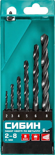 Набор сверл по металлу 2- 8 мм (13 шт) HSS, класс В СИБИН Набор сверл по металлу 2- 8 мм (13 шт) HSS, класс В СИБИН