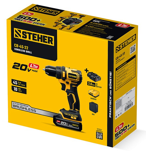 Дрель-шуруповерт аккумуляторная 20 В, 45 Нм, 2*2 Ач LMS бесщеточный двиг. STEHER Дрель-шуруповерт аккумуляторная 20 В, 45 Нм, 2*2 Ач LMS бесщеточный двиг. STEHER