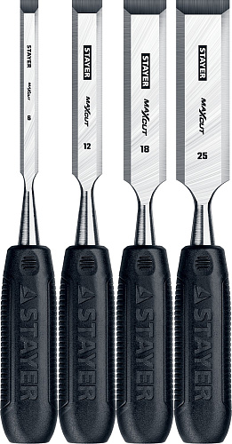Набор стамесок 4 шт (6,12,18,25 мм) с пласт. ручкой STAYER Max-Cut Набор стамесок 4 шт (6,12,18,25 мм) с пласт. ручкой STAYER Max-Cut