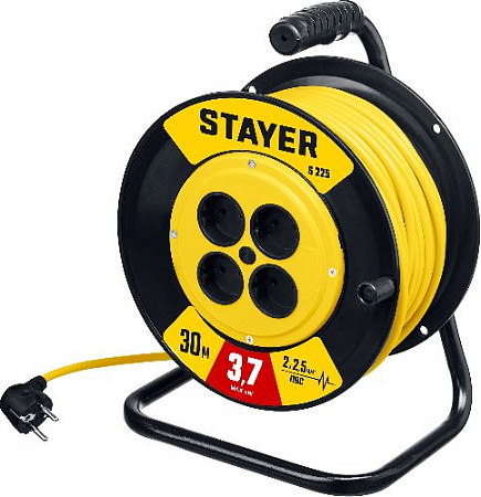 Удлинитель на катушке ПВС 30 м, 4 гнезда, 2*2,5 кв.мм, 3750 Вт STAYER S-225 Удлинитель на катушке ПВС 30 м, 4 гнезда, 2*2,5 кв.мм, 3750 Вт STAYER S-225