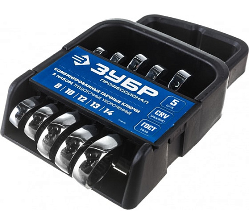 Набор ключей комбинированных трещоточных коротких 8-14 мм (5 шт) на холдере ЗУБР Набор ключей комбинированных трещоточных коротких 8-14 мм (5 шт) на холдере ЗУБР