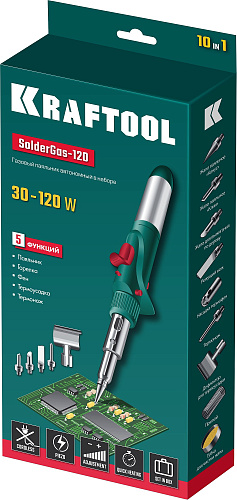 Паяльник газовый 30-120 Вт, 1300°С горелка, фен, пьезоподжиг, набор 10 в 1 KRAFTOOL SolderGas Паяльник газовый 30-120 Вт, 1300°С горелка, фен, пьезоподжиг, набор 10 в 1 KRAFTOOL SolderGas