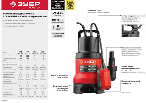 Насос дренажный для грязной воды 750 Вт ЗУБР Насос дренажный для грязной воды 750 Вт ЗУБР