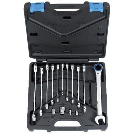 Набор ключей комбинированных трещоточных 8-19 мм 72 зуба (16 пр) CrV + 4 перех, кейс Licota Набор ключей комбинированных трещоточных 8-19 мм 72 зуба (16 пр) CrV + 4 перех, кейс Licota