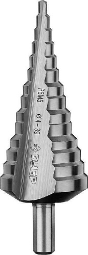 Сверло ступенчатое 4-39 мм, 14 ступеней, 113 мм, Р6М5, трехопорный хвостовик 10 мм ЗУБР Сверло ступенчатое 4-39 мм, 14 ступеней, 113 мм, Р6М5, трехопорный хвостовик 10 мм ЗУБР