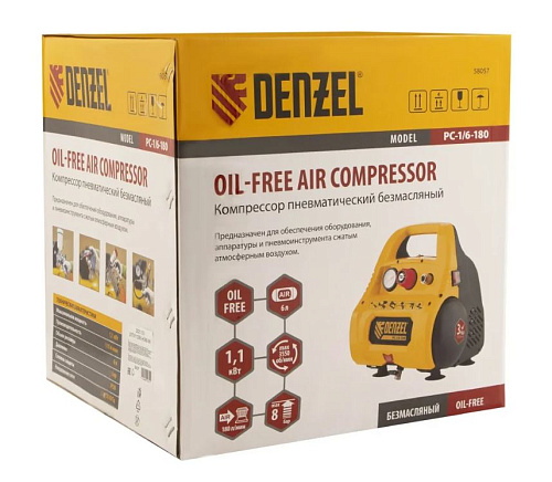Компрессор безмасляный 6 л, 1,1 кВт, 180 л/мин, 8 бар, 230 В Denzel РС 1/6-180 Компрессор безмасляный 6 л, 1,1 кВт, 180 л/мин, 8 бар, 230 В Denzel РС 1/6-180