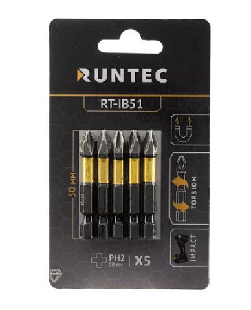 Бита PH №2 L= 50 мм (1/4" HEX) ударная с напылением Diamond Coating (5 шт) RUNTEC Бита PH №2 L= 50 мм (1/4" HEX) ударная с напылением Diamond Coating (5 шт) RUNTEC