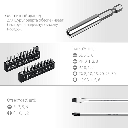 Набор отверток и бит 28 предметов в кейсе ЗУБР Профессионал-28 Набор отверток и бит 28 предметов в кейсе ЗУБР Профессионал-28