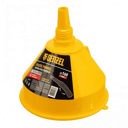 Воронка пластмассовая 160 мм гибкий наконечник, металлич сито, непроливайка Denzel Воронка пластмассовая 160 мм гибкий наконечник, металлич сито, непроливайка Denzel