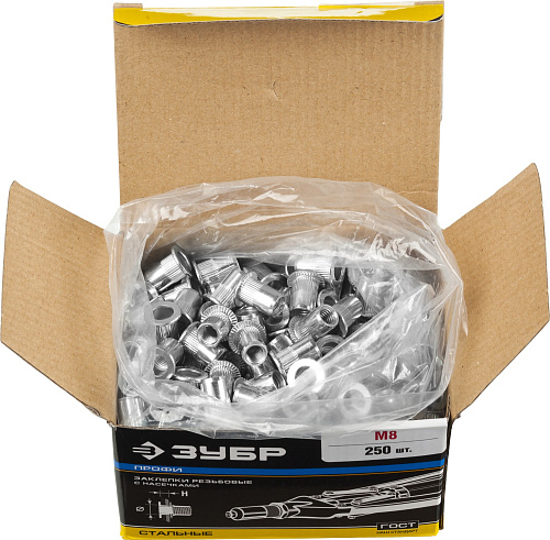 Заклепки резьбовые стальные М8 с насечками (250 шт) ЗУБР Профессионал Заклепки резьбовые стальные М8 с насечками (250 шт) ЗУБР Профессионал