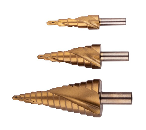 Набор сверел ступенчатых 4-12, 4-20, 4-30 мм, HSS-TiN, со спиральной канавкой GARWIN Набор сверел ступенчатых 4-12, 4-20, 4-30 мм, HSS-TiN, со спиральной канавкой GARWIN