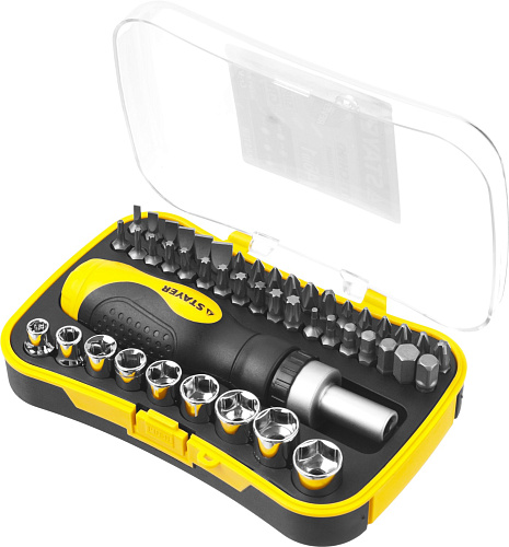 Отвертка реверсивная с головками и битами 46 предм STAYER Отвертка реверсивная с головками и битами 46 предм STAYER